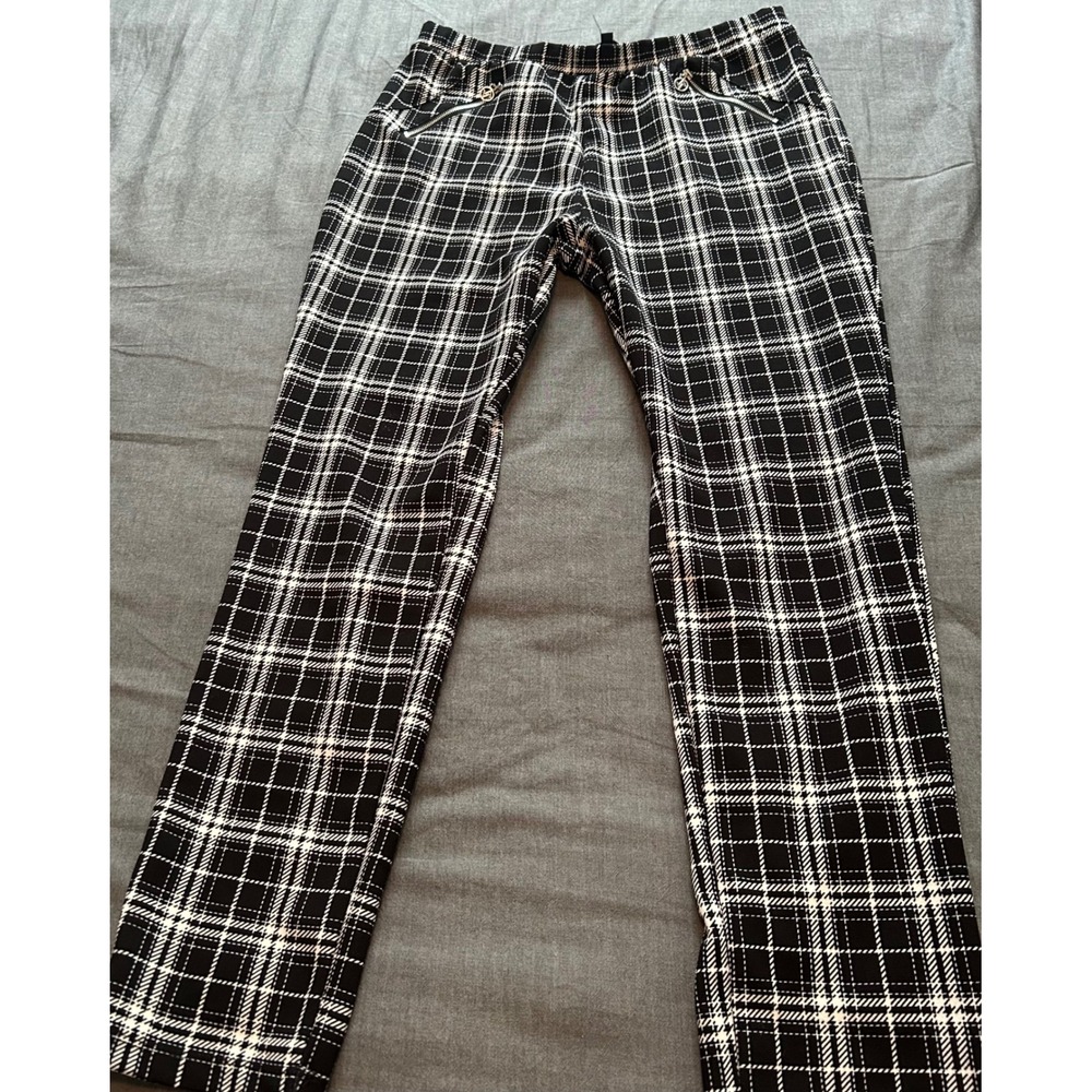 Adrienne Vittadini Womens Black White Plaid Pull On Slim Leg Pants Size Large